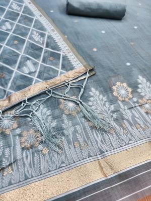 Grey muga cotton jamdani suit dress material with dupatta 4