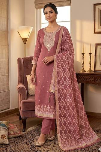 Pink muga cotton jamdani suit dress material with dupatta