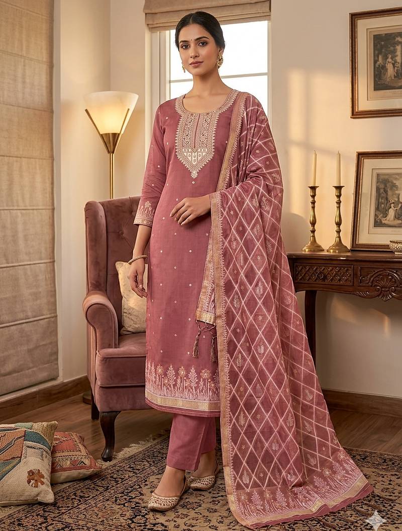 Pink muga cotton jamdani suit dress material with dupatta