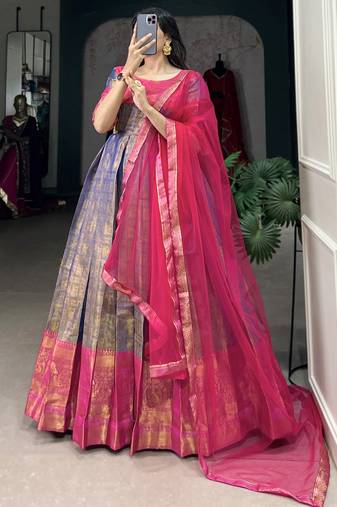 Timeless Blue Zari Weaving Silk Festive Wear Gown With Dupatta