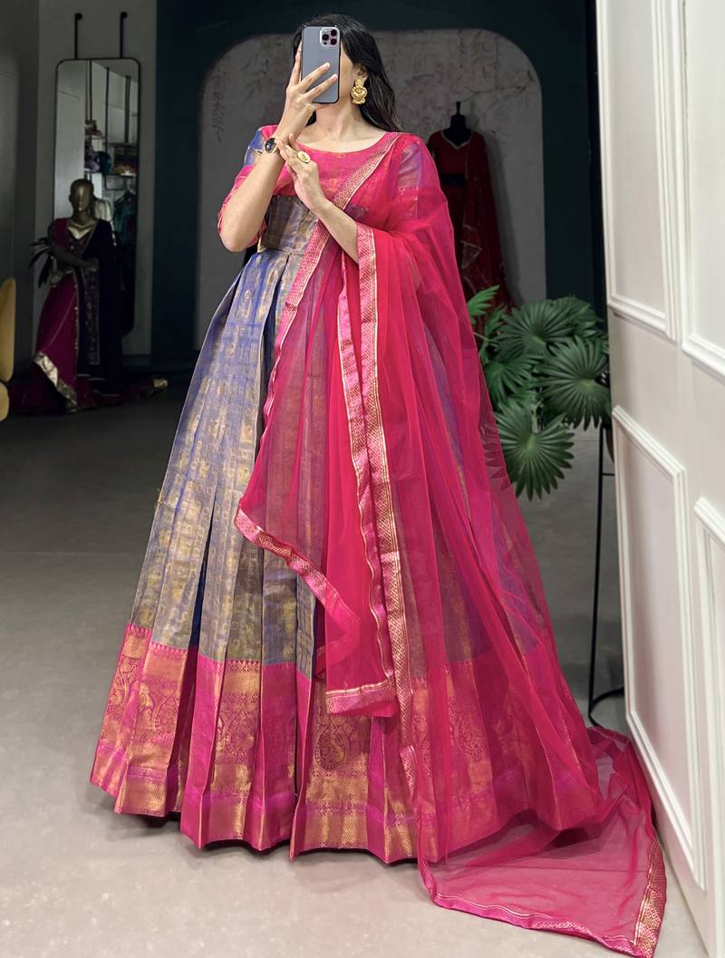 Timeless Blue Zari Weaving Silk Festive Wear Gown With Dupatta