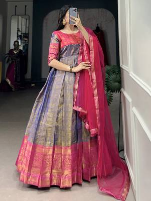 Timeless Blue Zari Weaving Silk Festive Wear Gown With Dupatta 2