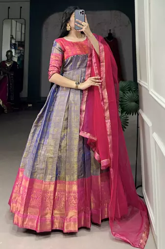 Timeless Blue Zari Weaving Silk Festive Wear Gown With Dupatta