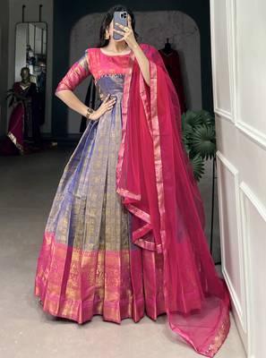 Timeless Blue Zari Weaving Silk Festive Wear Gown With Dupatta 3