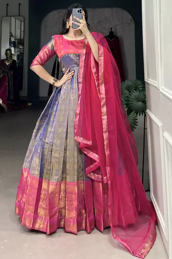 Timeless Blue Zari Weaving Silk Festive Wear Gown With Dupatta