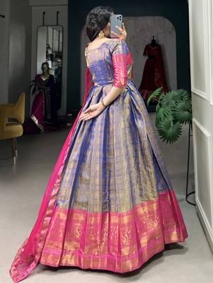 Timeless Blue Zari Weaving Silk Festive Wear Gown With Dupatta 4