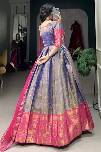 Timeless Blue Zari Weaving Silk Festive Wear Gown With Dupatta