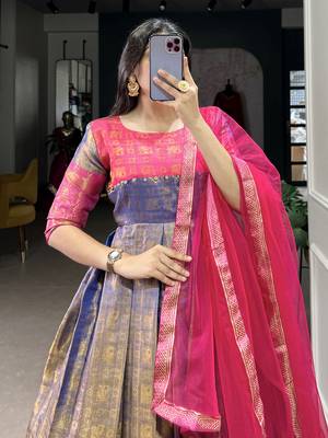 Timeless Blue Zari Weaving Silk Festive Wear Gown With Dupatta 5