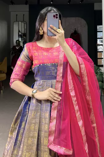 Timeless Blue Zari Weaving Silk Festive Wear Gown With Dupatta