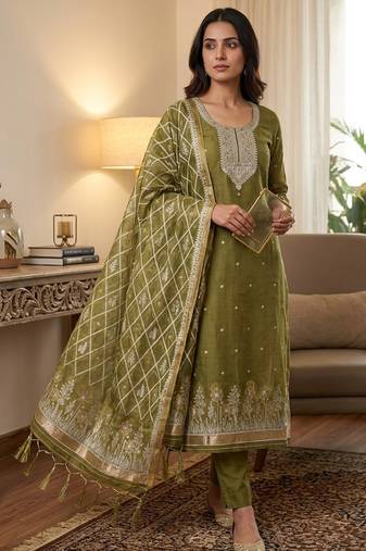 mehndi muga cotton jamdani suit dress material with dupatta