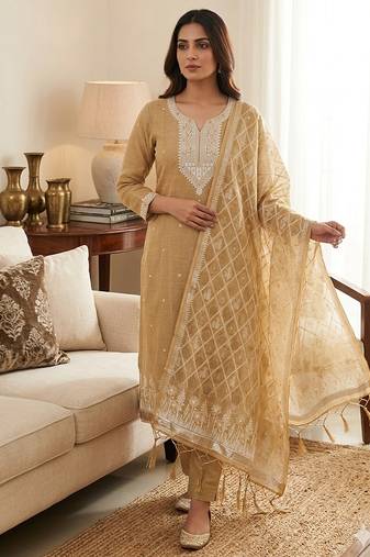 Cream muga cotton jamdani suit dress material with dupatta