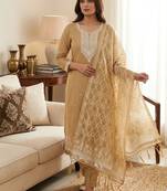 Cream muga cotton jamdani suit dress material with dupatta