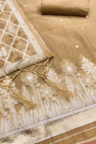 Cream muga cotton jamdani suit dress material with dupatta