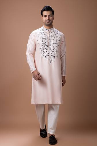 Powder pink embroidered cotton silk kurta set