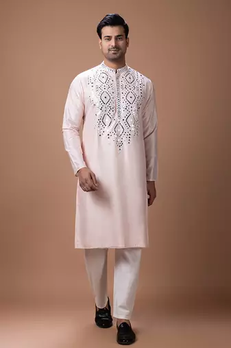 Powder pink embroidered cotton silk kurta set