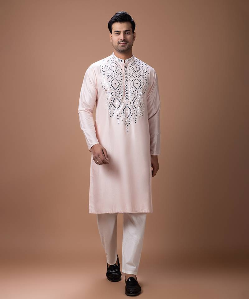Powder pink embroidered cotton silk kurta set