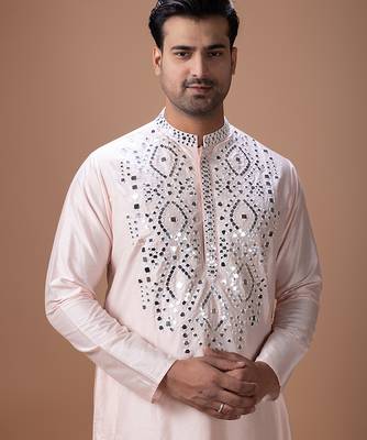 Powder pink embroidered cotton silk kurta set 2