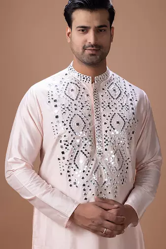 Powder pink embroidered cotton silk kurta set