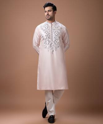 Powder pink embroidered cotton silk kurta set 3