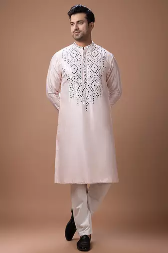 Powder pink embroidered cotton silk kurta set