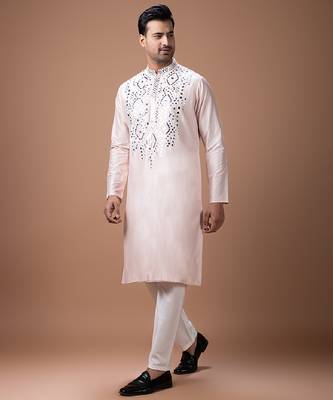Powder pink embroidered cotton silk kurta set 5