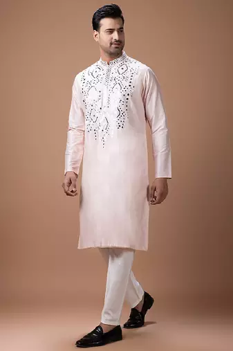 Powder pink embroidered cotton silk kurta set