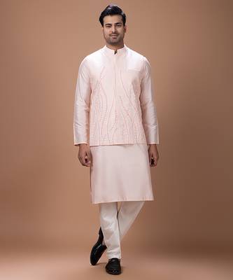 Powder pink embroidered cotton silk kurta bundi set 1