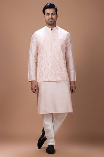 Powder pink embroidered cotton silk kurta bundi set