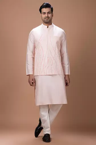 Powder pink embroidered cotton silk kurta bundi set