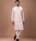Powder pink embroidered cotton silk kurta bundi set