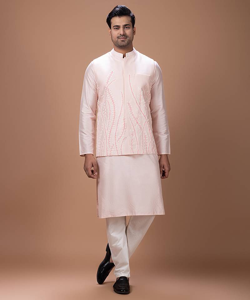 Powder pink embroidered cotton silk kurta bundi set
