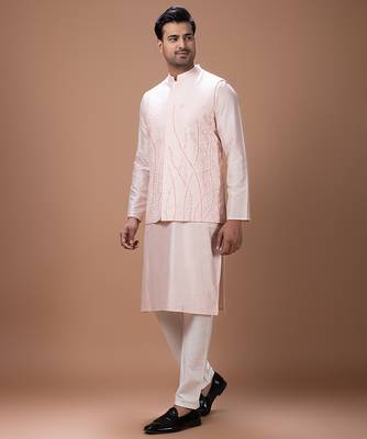 Powder pink embroidered cotton silk kurta bundi set 2