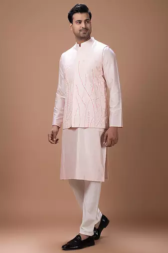 Powder pink embroidered cotton silk kurta bundi set