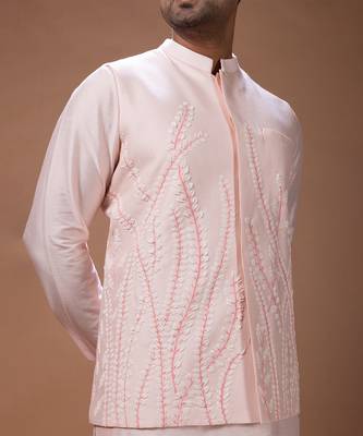 Powder pink embroidered cotton silk kurta bundi set 3