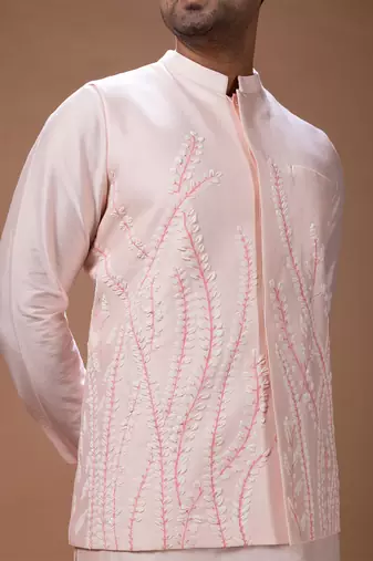 Powder pink embroidered cotton silk kurta bundi set