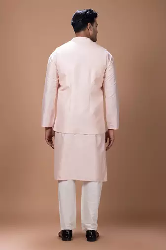 Powder pink embroidered cotton silk kurta bundi set