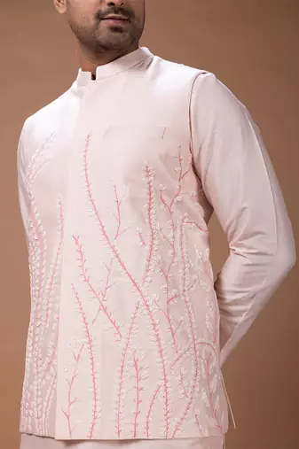 Powder pink embroidered cotton silk kurta bundi set
