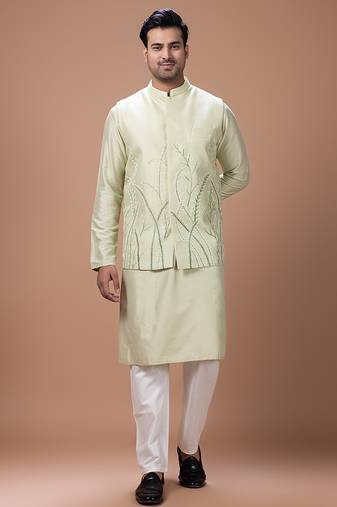 Mint green embroidered cotton silk kurta bundi set