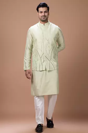 Mint green embroidered cotton silk kurta bundi set