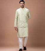 Mint green embroidered cotton silk kurta bundi set