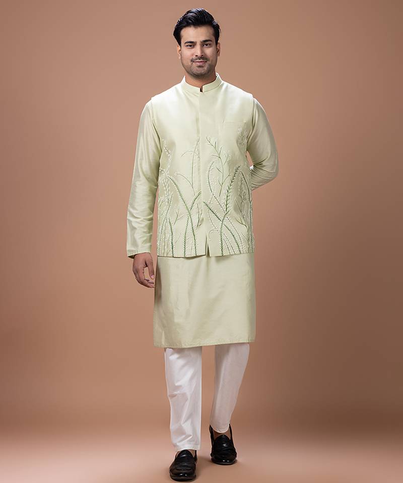 Mint green embroidered cotton silk kurta bundi set