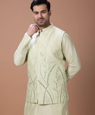 Mint green embroidered cotton silk kurta bundi set 2