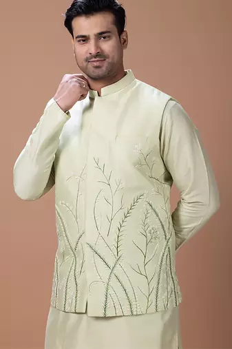 Mint green embroidered cotton silk kurta bundi set
