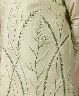 Mint green embroidered cotton silk kurta bundi set 3
