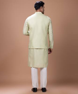 Mint green embroidered cotton silk kurta bundi set 4