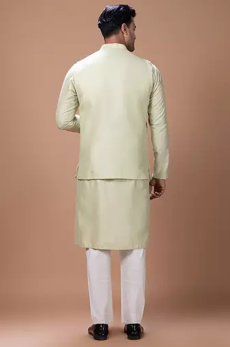Mint green embroidered cotton silk kurta bundi set
