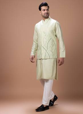 Mint green embroidered cotton silk kurta bundi set 5