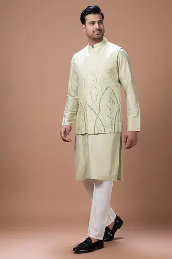 Mint green embroidered cotton silk kurta bundi set