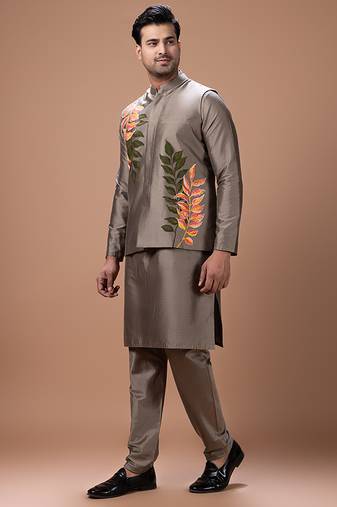 Metallic fawn embroidered cotton silk kurta bundi set