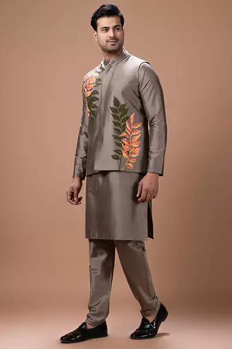 Metallic fawn embroidered cotton silk kurta bundi set